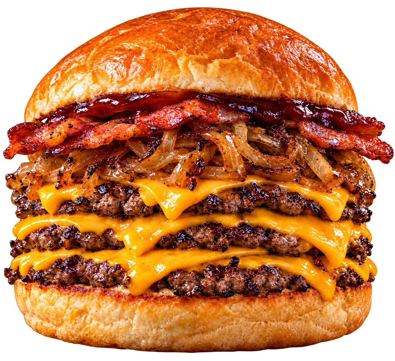 Hamburguesa triple Bokado con cheddar, bacon y cebolla caramelizada